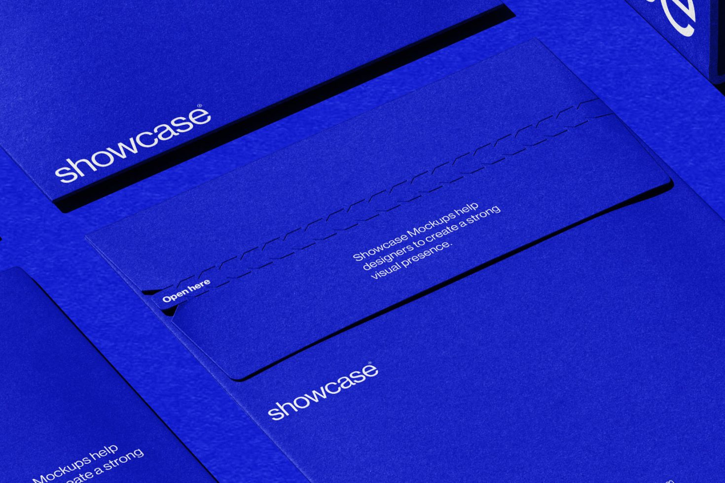 Blue stationery branding mockup with elegant design for product presentation in a digital assets marketplace, featuring envelopes and cards.